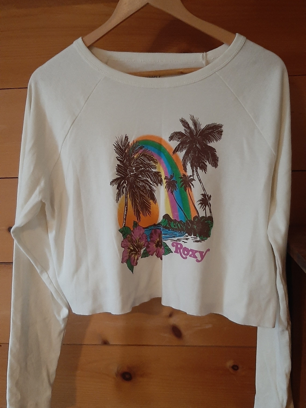 Roxy Cream Cropped Sweatshirt with Rainbow Palm Graphic